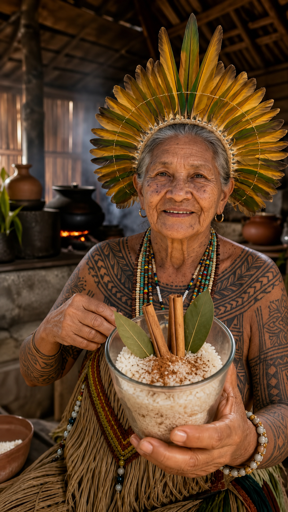 Vó Zayara em uma cozinha tradicional segurando ingredientes
